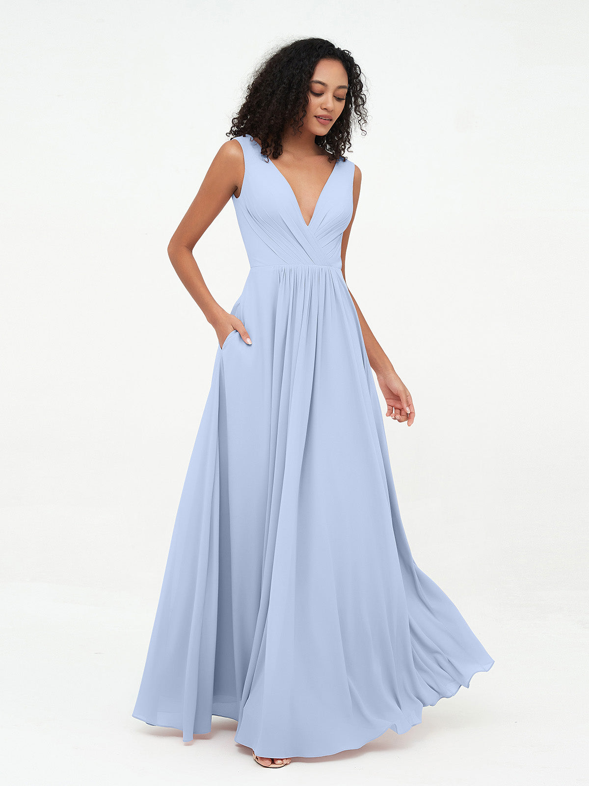 V-neck Chiffon Long Dresses with Pocktes-Sky Blue Mireille BABARONI