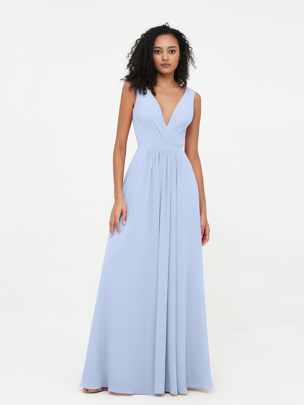 Lace 3/4 Sleeves V-neck Chiffon Long Dress Sky Blue main image 1