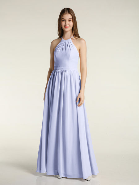 BABARONI Chiffon Lavender Bridesmaid Dresses Halter Floor-length Sleeveless  Ruffle A-line