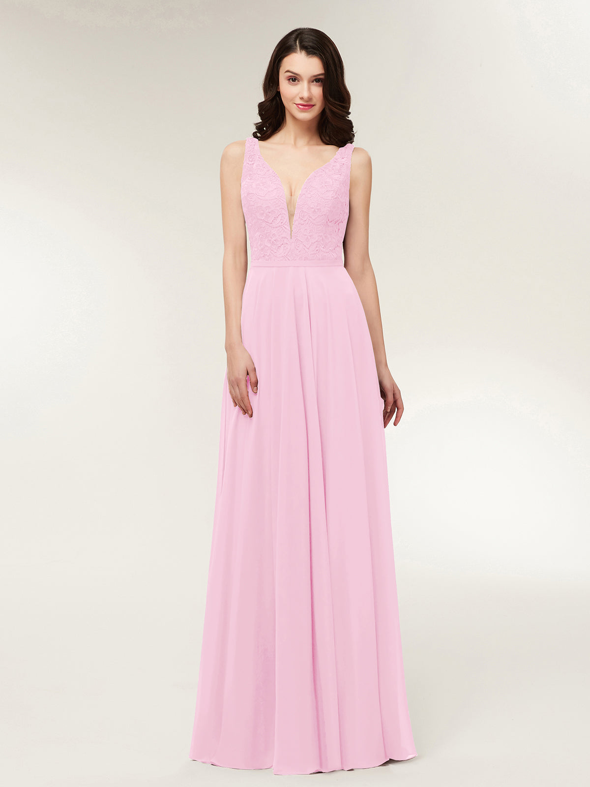 BABARONI Chiffon Candy Pink Bridesmaid Dresses Plunging V-Neck Floor ...