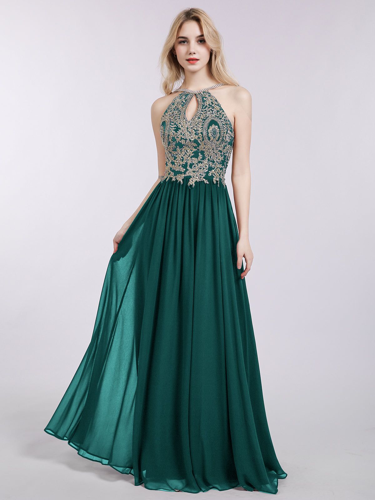 BABARONI Chiffon Peacock Bridesmaid Dresses Halter Floor-length Sleeveless  A-line