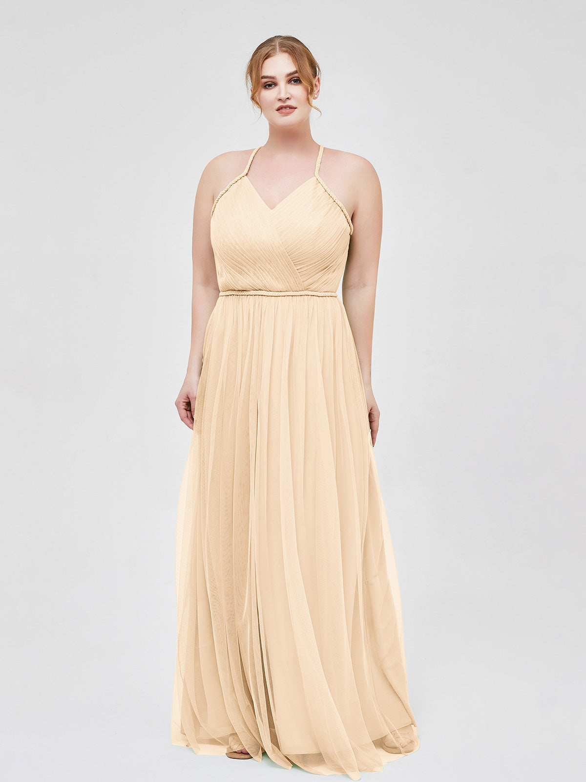 BABARONI Twist Straps Tulle Maxi Dress with V Neckline Peach Plus size, Peach / US18