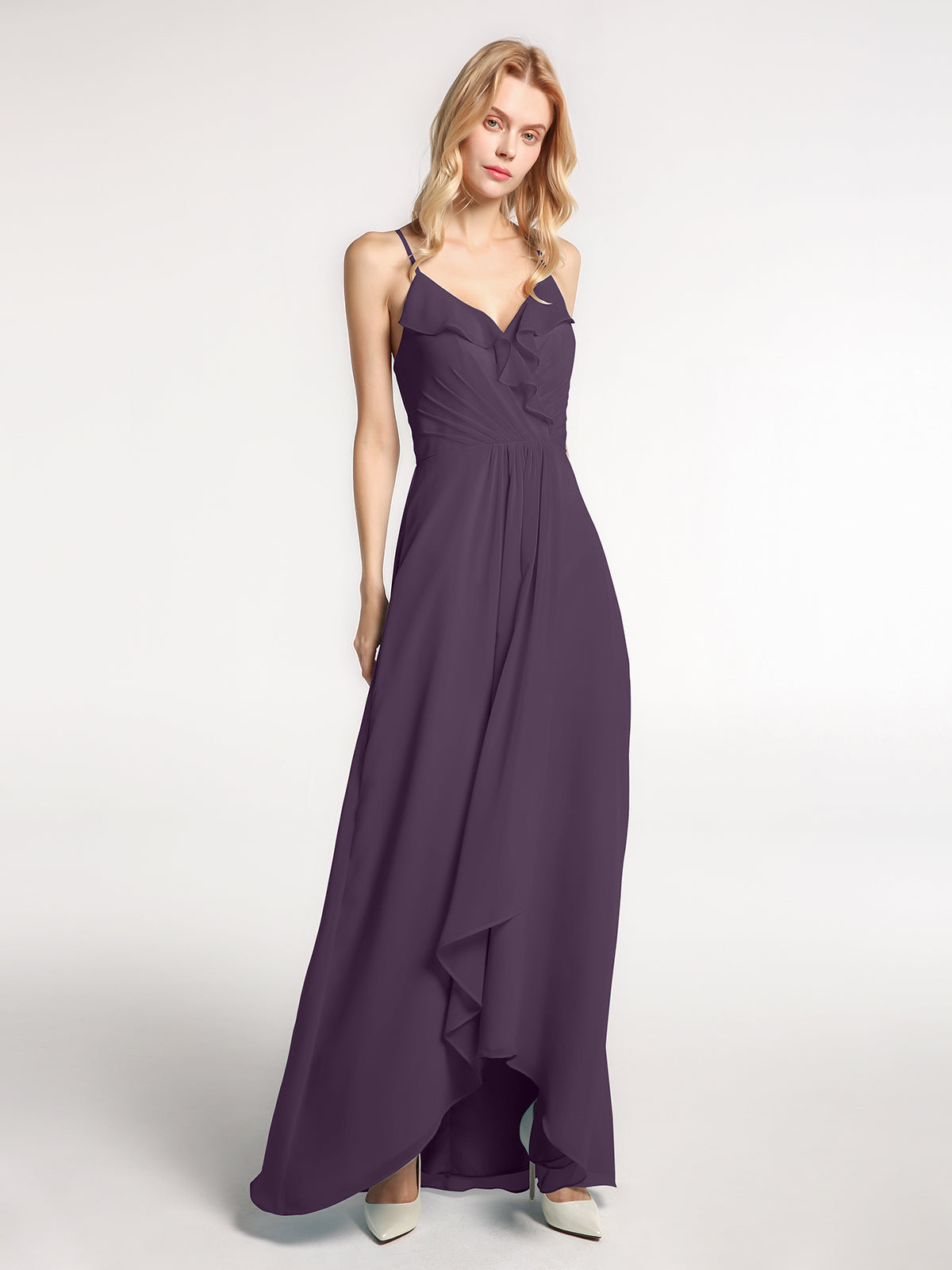 BABARONI Spaghetti Strap Ruffles High Low Chiffon Dress-Plum, Plum / US0