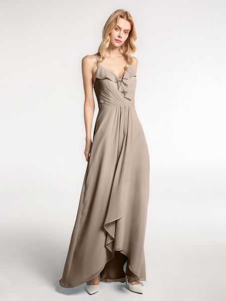 BABARONI Spaghetti Strap Ruffles High Low Chiffon Dress-Taupe, Taupe / US0 BABARONI Spaghetti Strap Ruffles High Low Chiffon Dress-Taupe, Taupe / US0