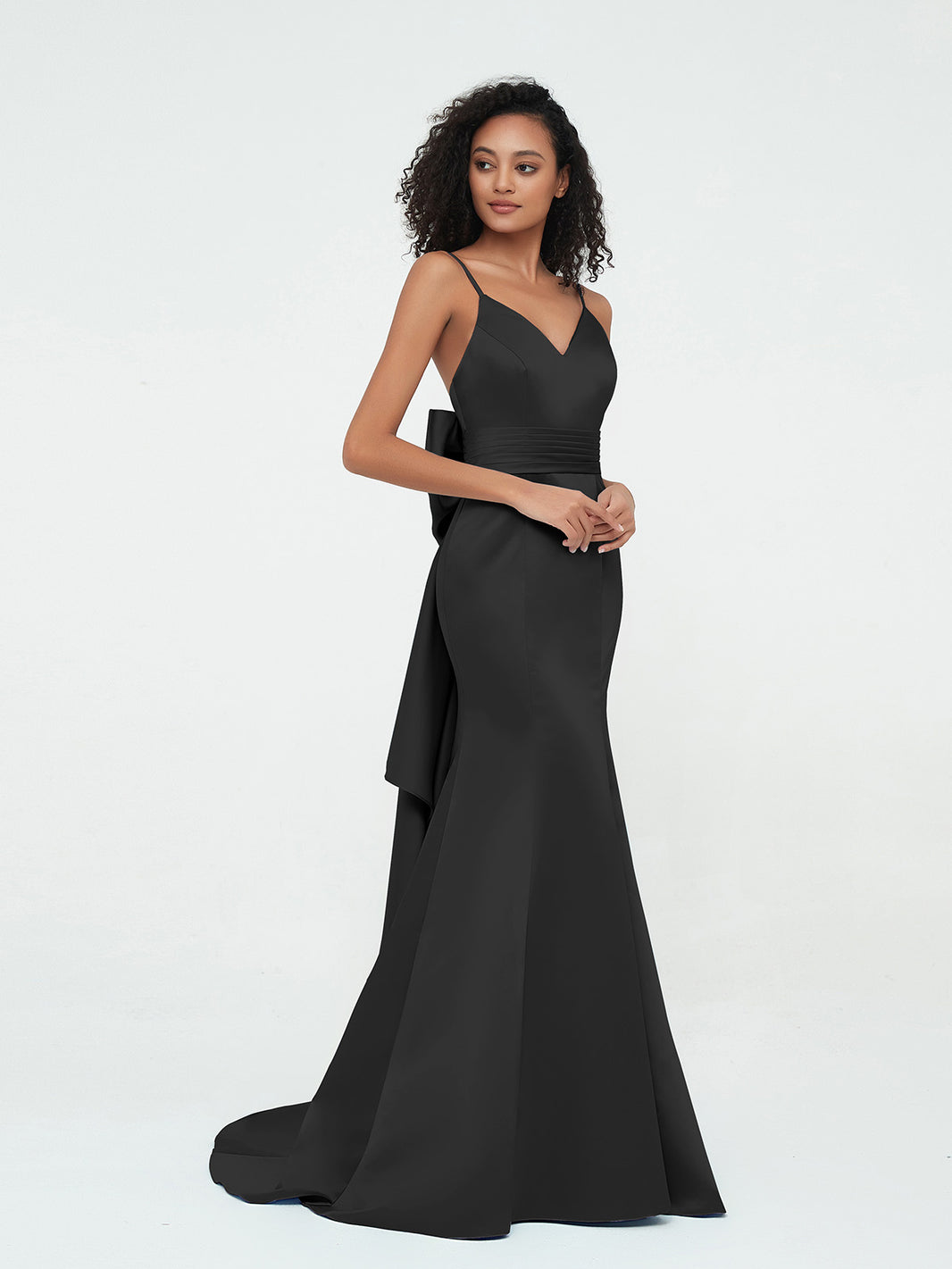 BABARONI Satin Black Bridesmaid Dresses Sweetheart Sweep/Brush Train  Spaghetti Straps Mermaid