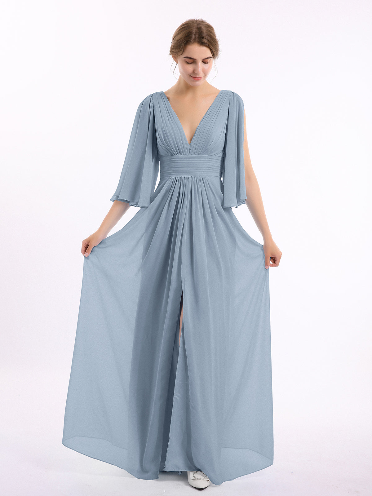 Deep-V Neck Chiffon Dresses with Slit Pockets Mulberry Plus Size