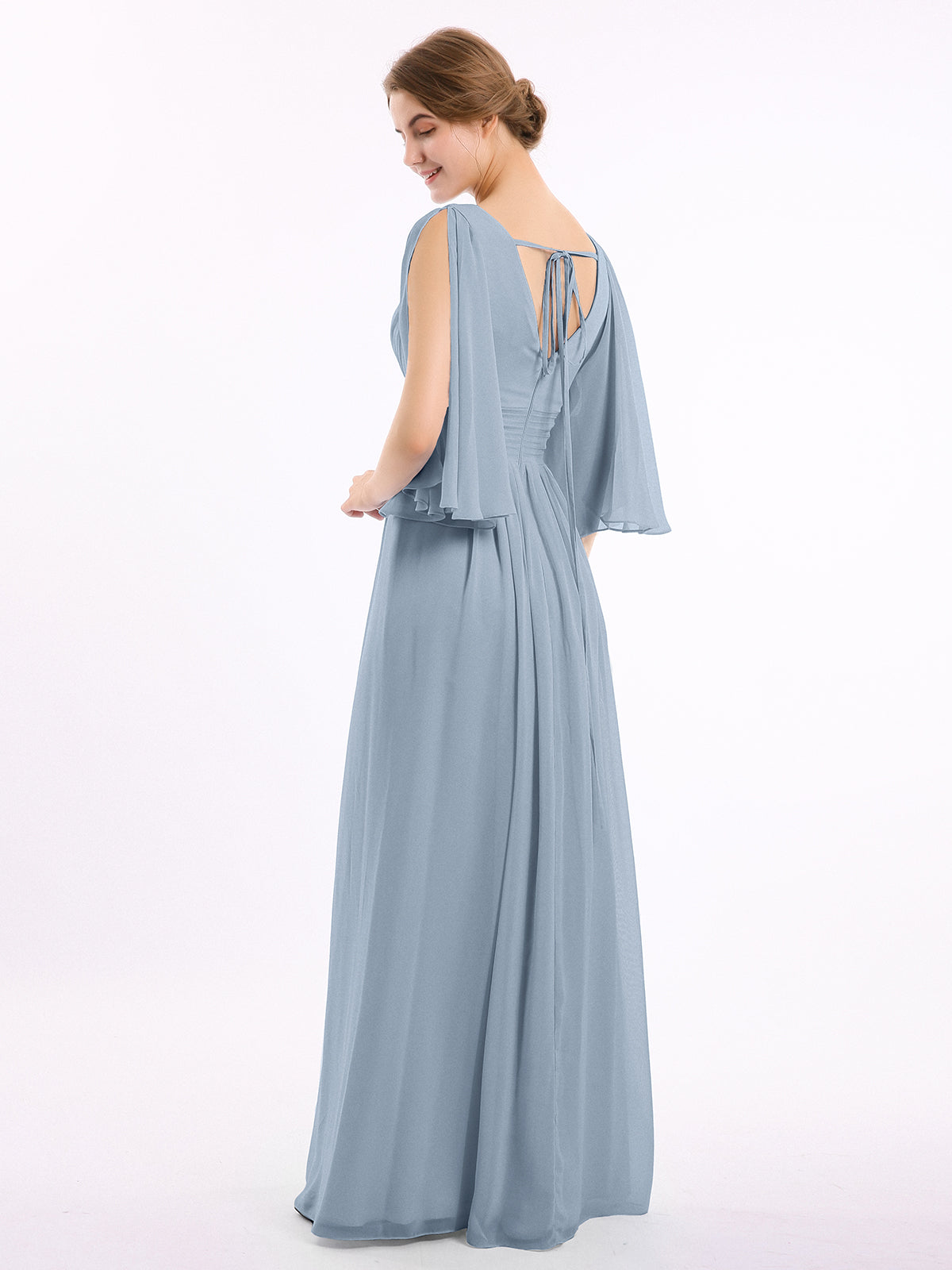 Deep V Neck Chiffon Low Back Dresses Slate Blue main image 0