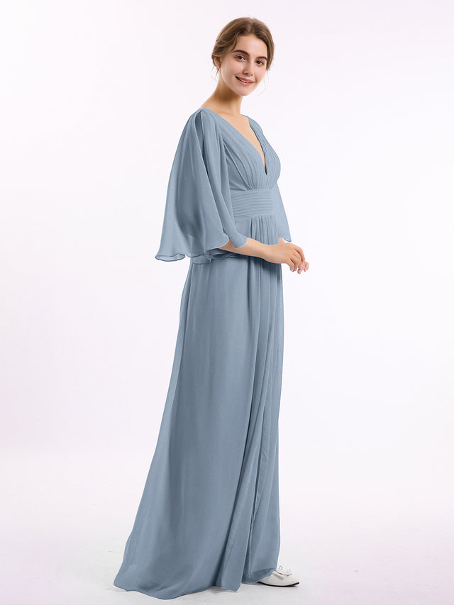 Classic Chiffon Dress with Deep V Neck Dusty Blue