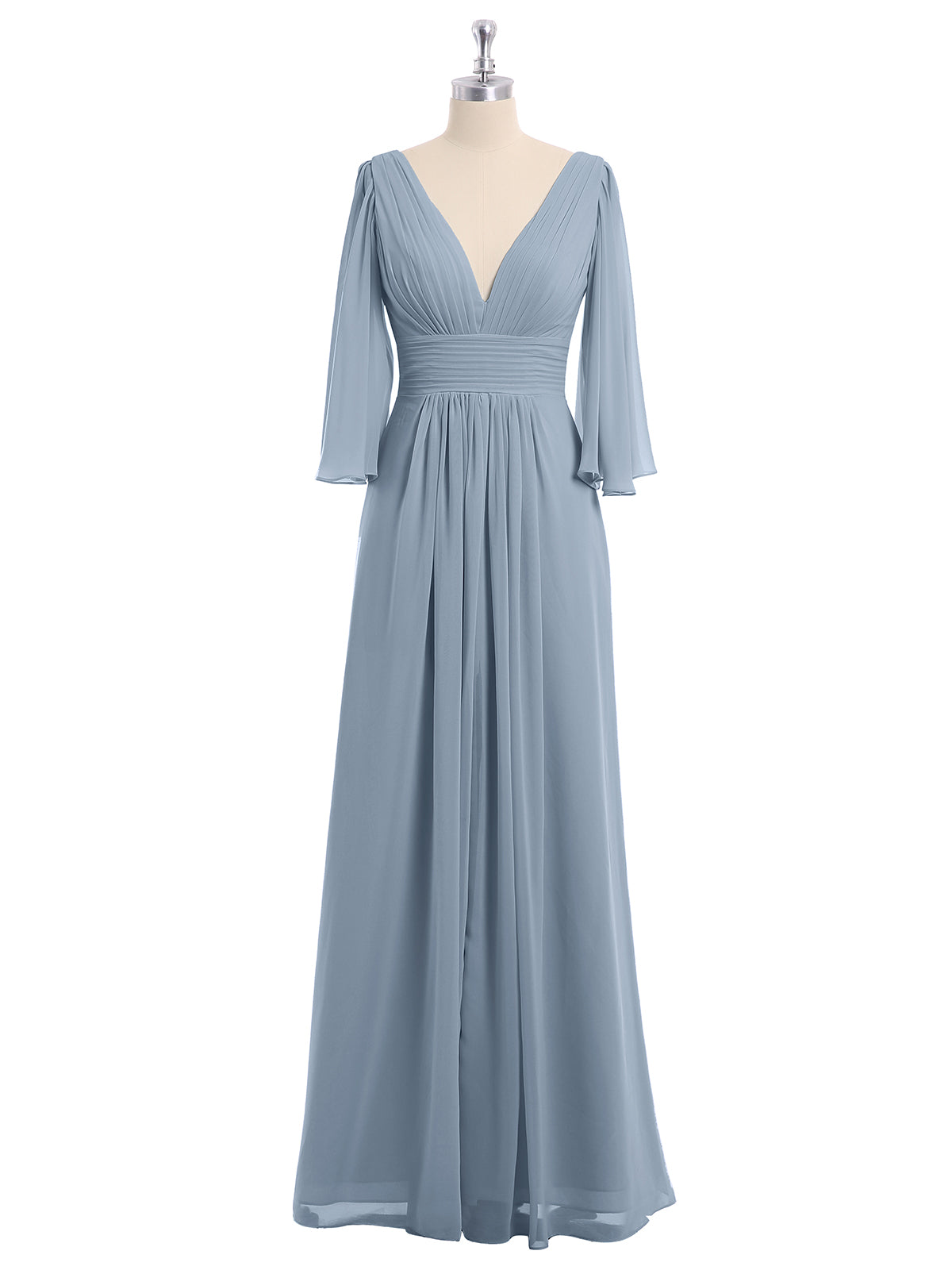 Long Chiffon Dress with Shallow V Neck High Slit Dusty Blue