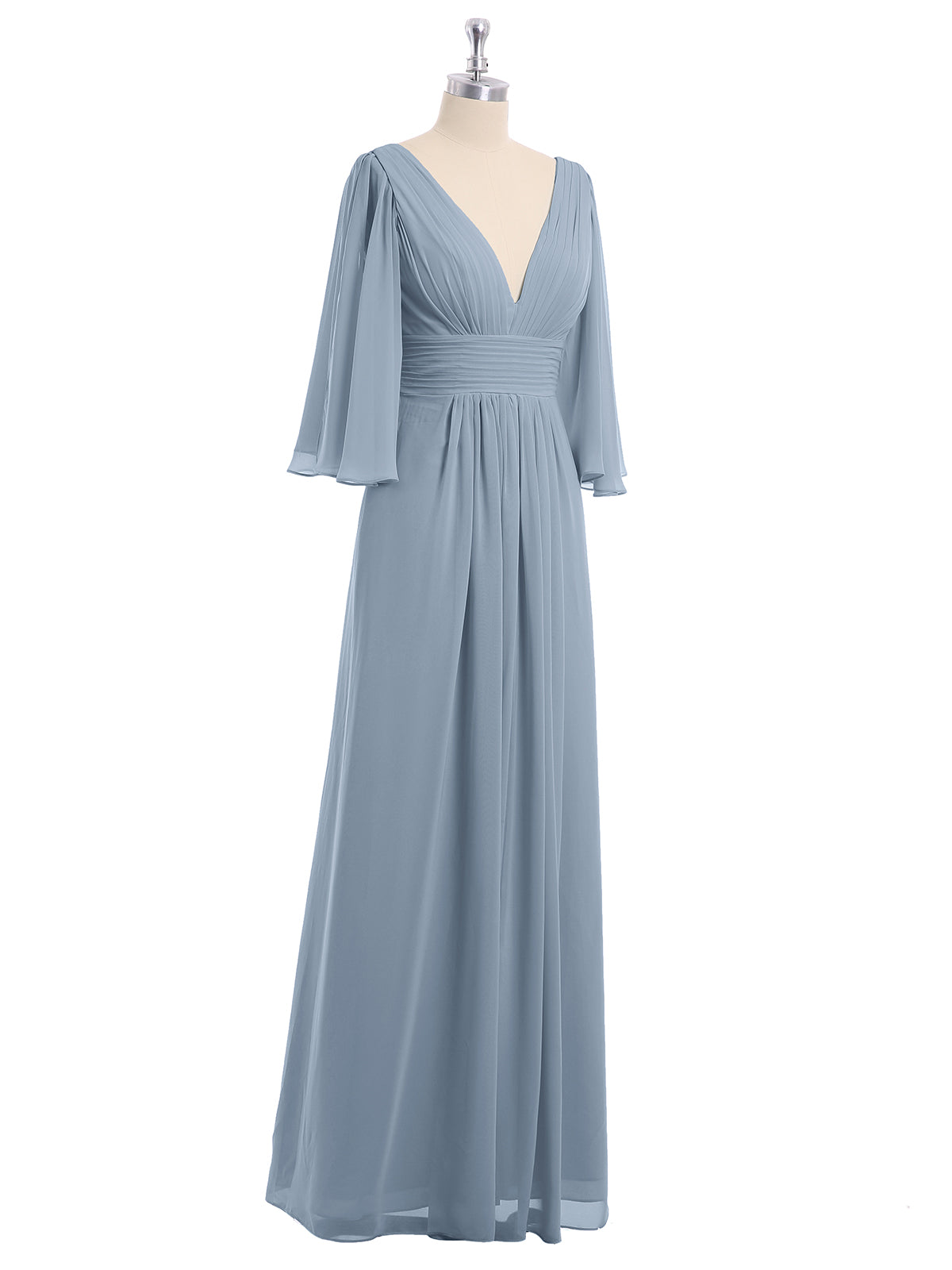 V-neck Chiffon Dresses with Satin Sash Bow Dusty Blue