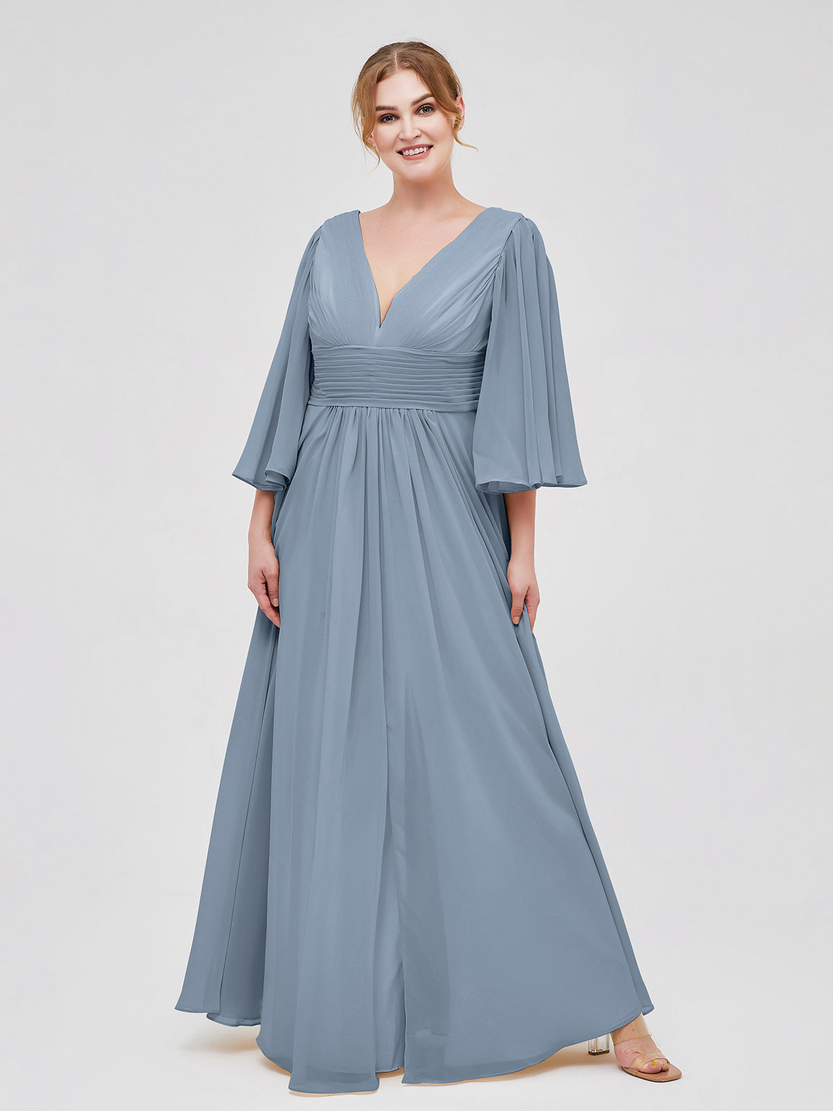 V-neck Chiffon Dresses with Satin Sash Bow Turquoise