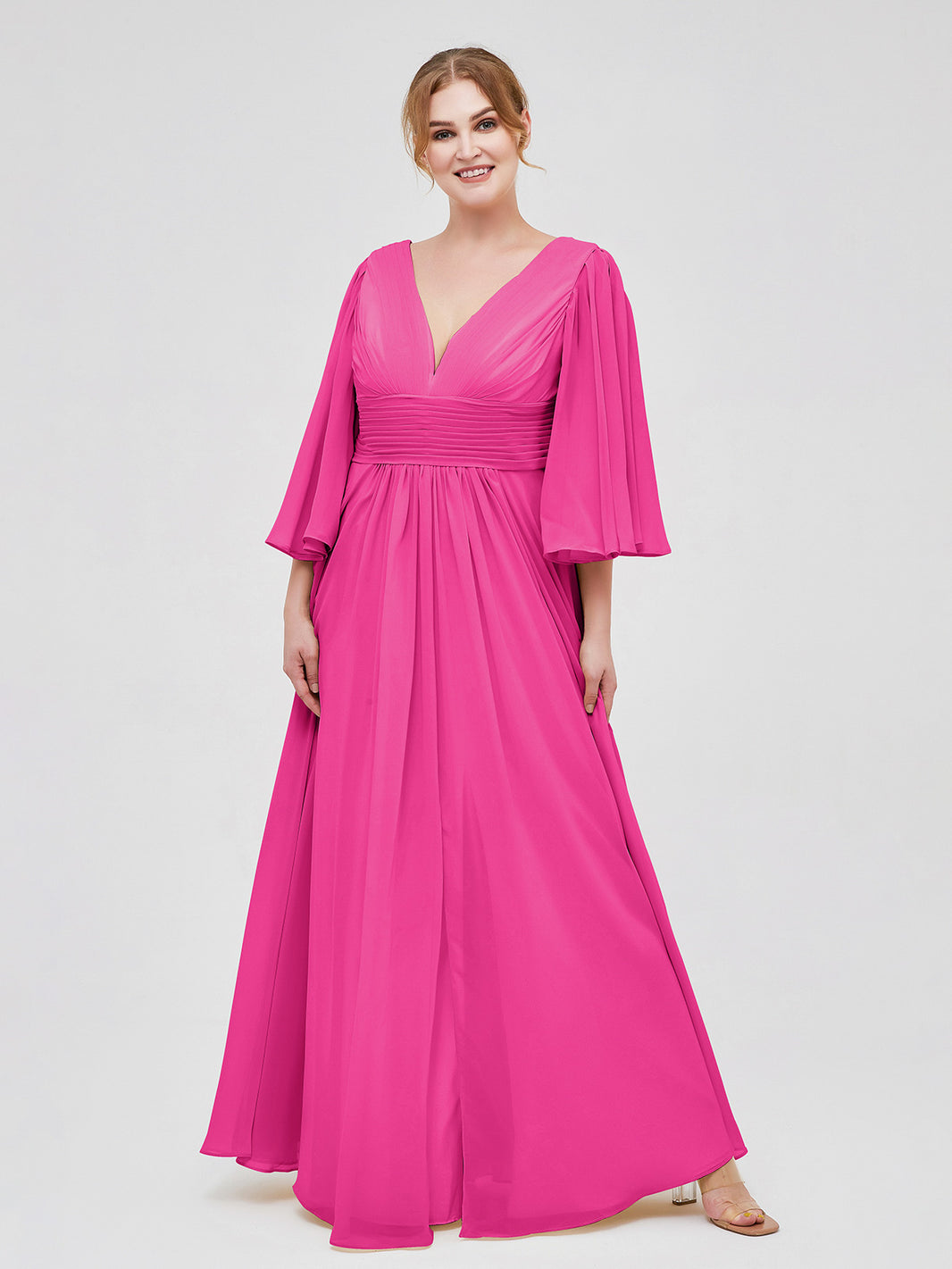 Plus Size Fuchsia Chiffon Bridesmaid Dress - Deep V-Neck & Flutter Sleeves Flowy Gownwith Slit