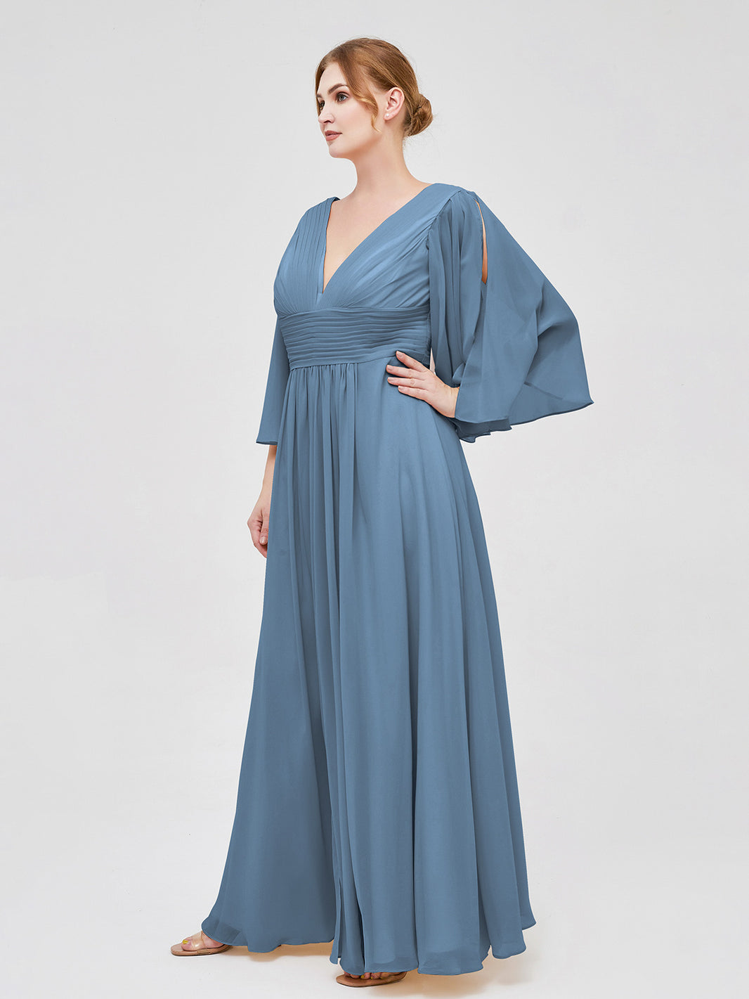 Plus Size Slate Blue Chiffon Bridesmaid Dress - Deep V-Neck & Flutter Sleeves Flowy Gownwith Slit