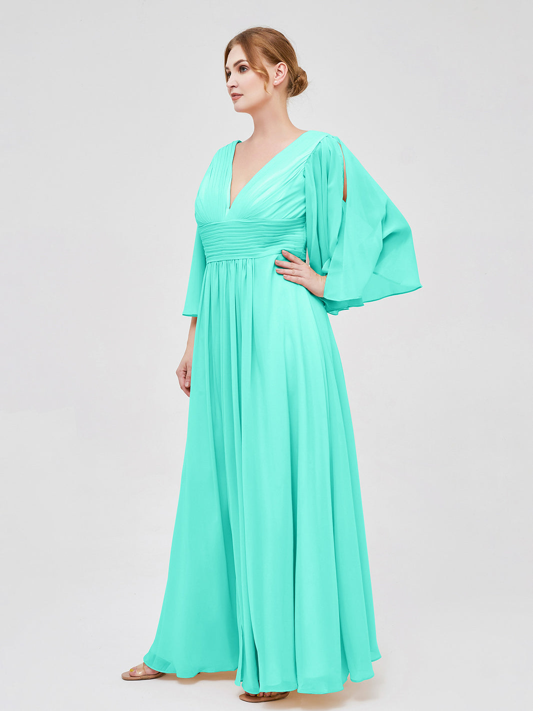 Plus Size Spa Chiffon Bridesmaid Dress - Deep V-Neck & Flutter Sleeves Flowy Gownwith Slit