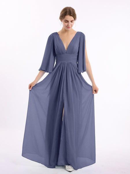 stormy blue dress BABARONI Chiffon Bridesmaid Dresses Plunging V-Neck Floor-length 3/4-Length Ruched with Slit A-line, Stormy / US0 Style:Set + Skirt (Dress + Apron + Head Accessory + Petticoat) length chiffon dress in Alice in Wonderland Sax USA-SIZES