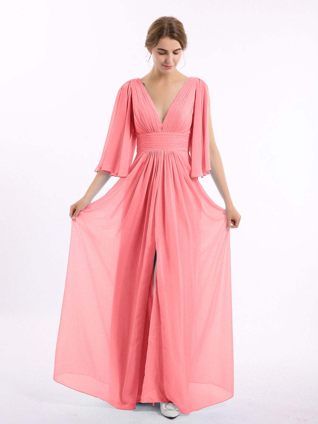 BABARONI Chiffon Watermelon Bridesmaid Dresses Plunging V-Neck Floor-length 3/4-Length Ruched with Slit A-line, Watermelon / US0