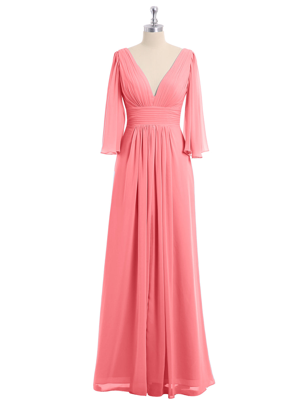 watermelon chiffon dress BABARONI BABARONI Chiffon Watermelon Bridesmaid Dresses Plunging V-Neck Floor-length 3/4-Length Ruched with Slit A-line, Watermelon / US0