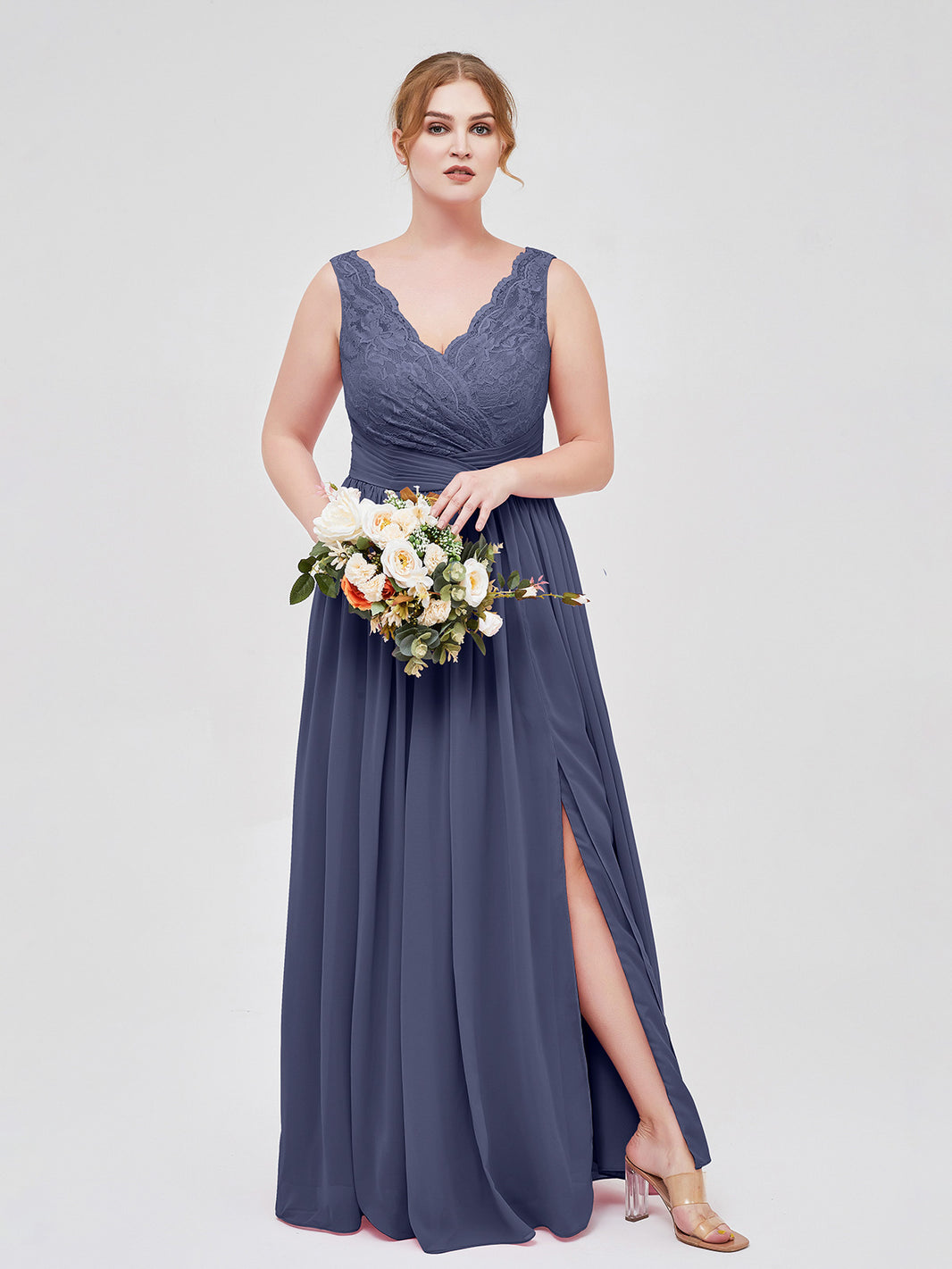 Stormy Plus Size Chiffon Lace Bridesmaid Dress V-Neck High Slit Maxi Gown for Wedding Party