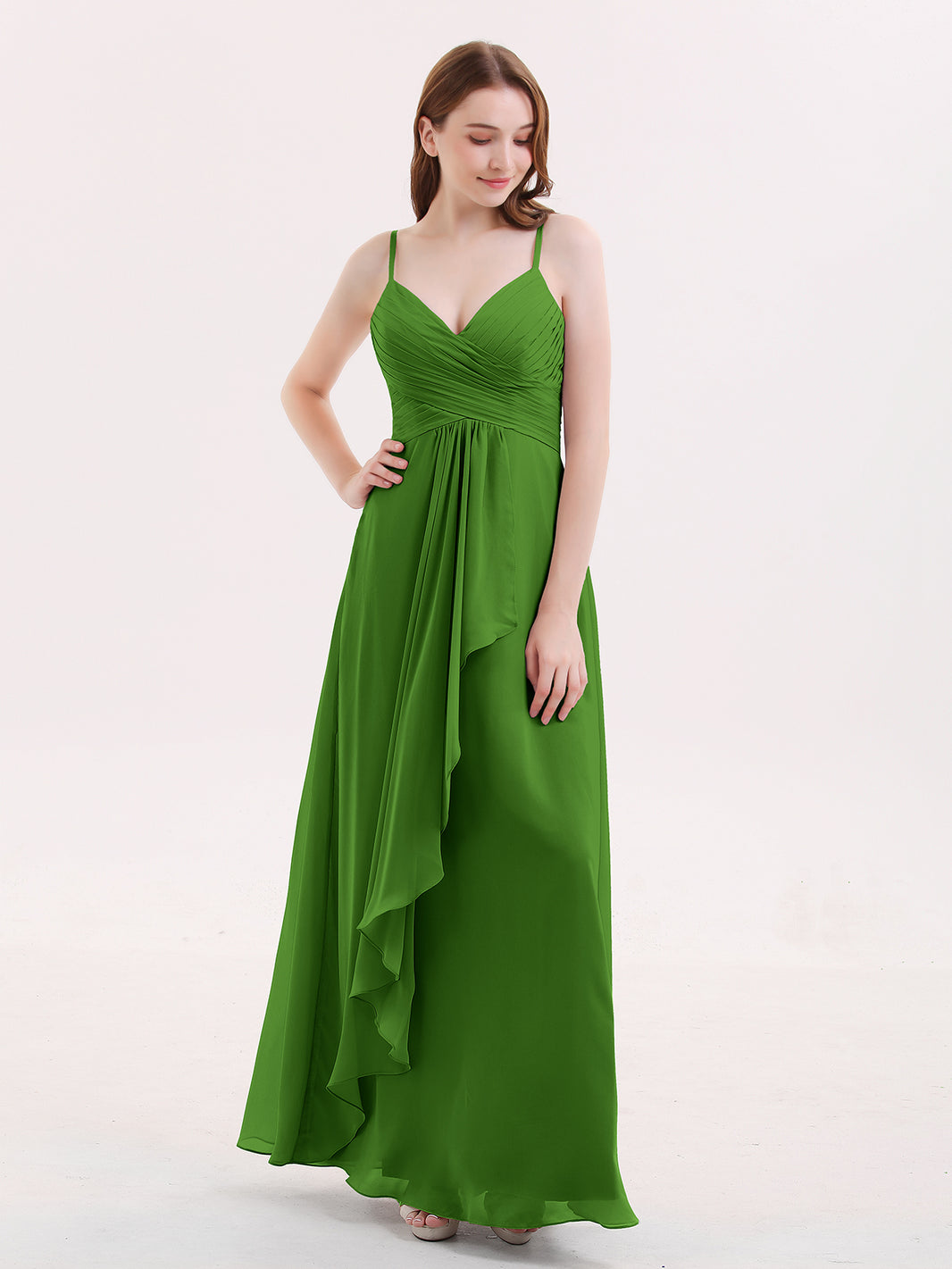 BABARONI BABARONI Chiffon Moss Bridesmaid Dresses V-neck Floor-length Spaghetti Straps Ruched Empire, Moss / US0
