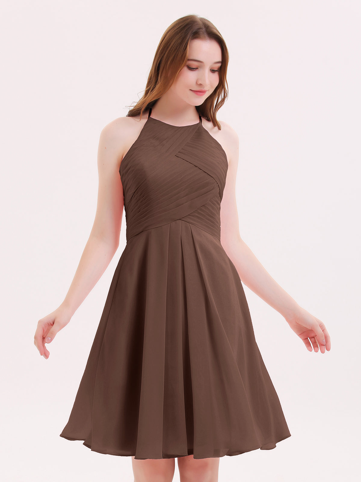 BABARONI Short Chiffon Bridesmaid Dress with Pocket-Chocolate Plus Size, Chocolate / US18