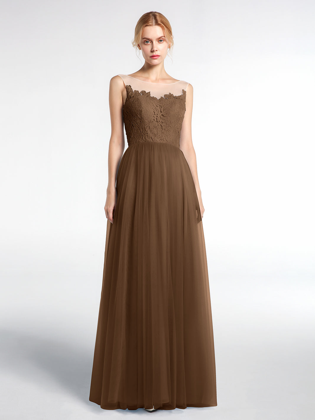 BABARONI Illusion Neckline Lace and Tulle Maxi Dress-Brown, Brown / US0