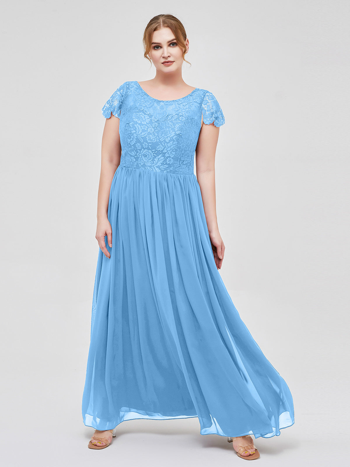BABARONI Lace Blue Bridesmaid Dresses Illusion Floor-length Cap Sleeve Lace  A-line