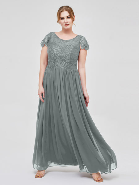 BABARONI Lace Steel Grey Bridesmaid Dresses Illusion Floor-length Cap  Sleeve Lace A-line