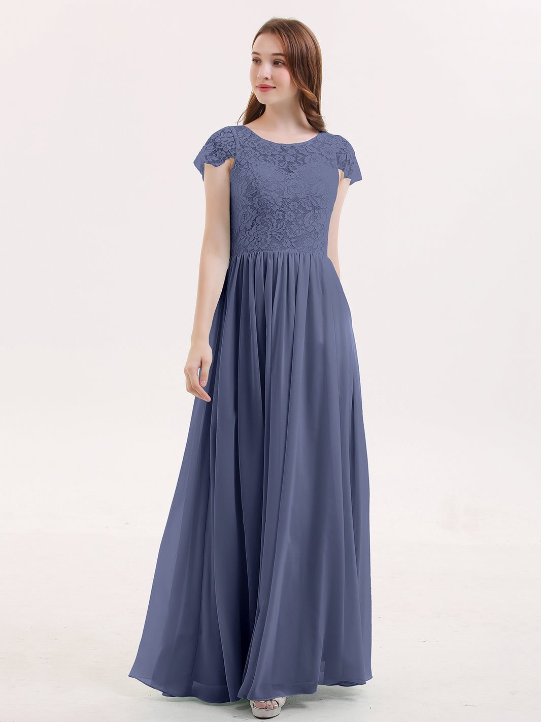 BABARONI Lace Stormy Bridesmaid Dresses Illusion Floor-length Cap Sleeve Lace A-line, Stormy / US0