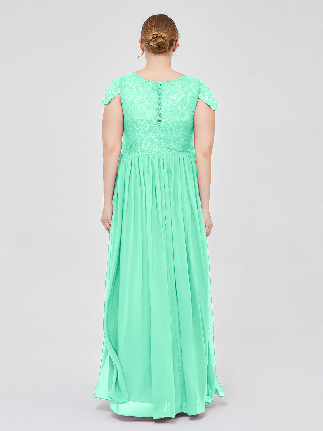 Turquoise Plus Size Chiffon Bridesmaid Dress with Lace Bodice and Cap Sleeves