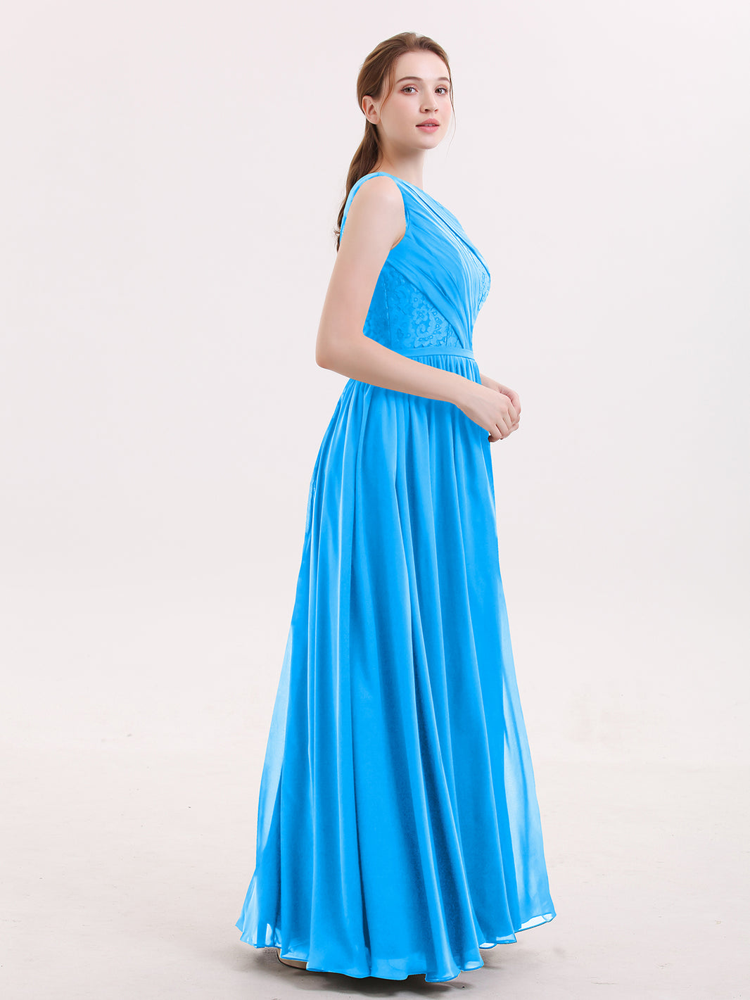 BABARONI Chiffon Ocean Blue Bridesmaid Dresses One Shoulder Floor-length  Side Sleeveless Lace A-line