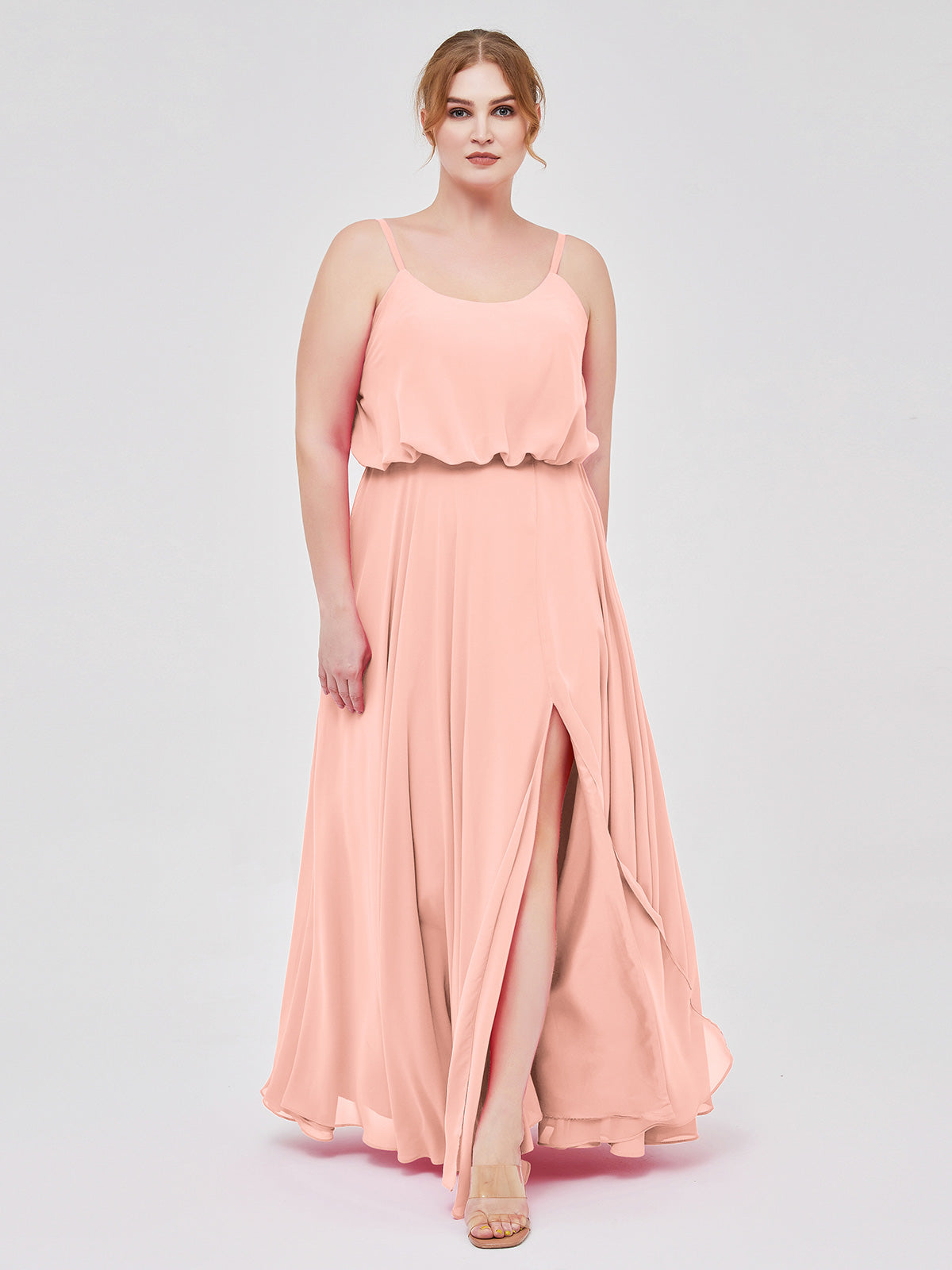 Coral Plus Size Chiffon Bridesmaid Dress BABARONI Spaghetti Strap Scoop Neck Slit Wedding Party Gown
