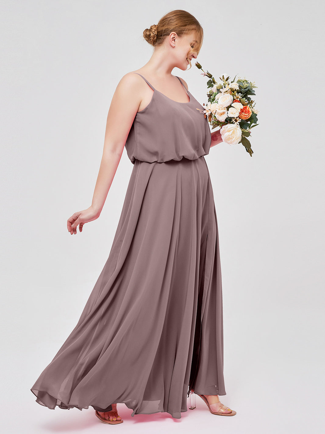 BABARONI Chiffon Vintage Mauve Bridesmaid Dresses Scoop Floor-length Spaghetti Straps with Slit A-line, Vintage Mauve / US0