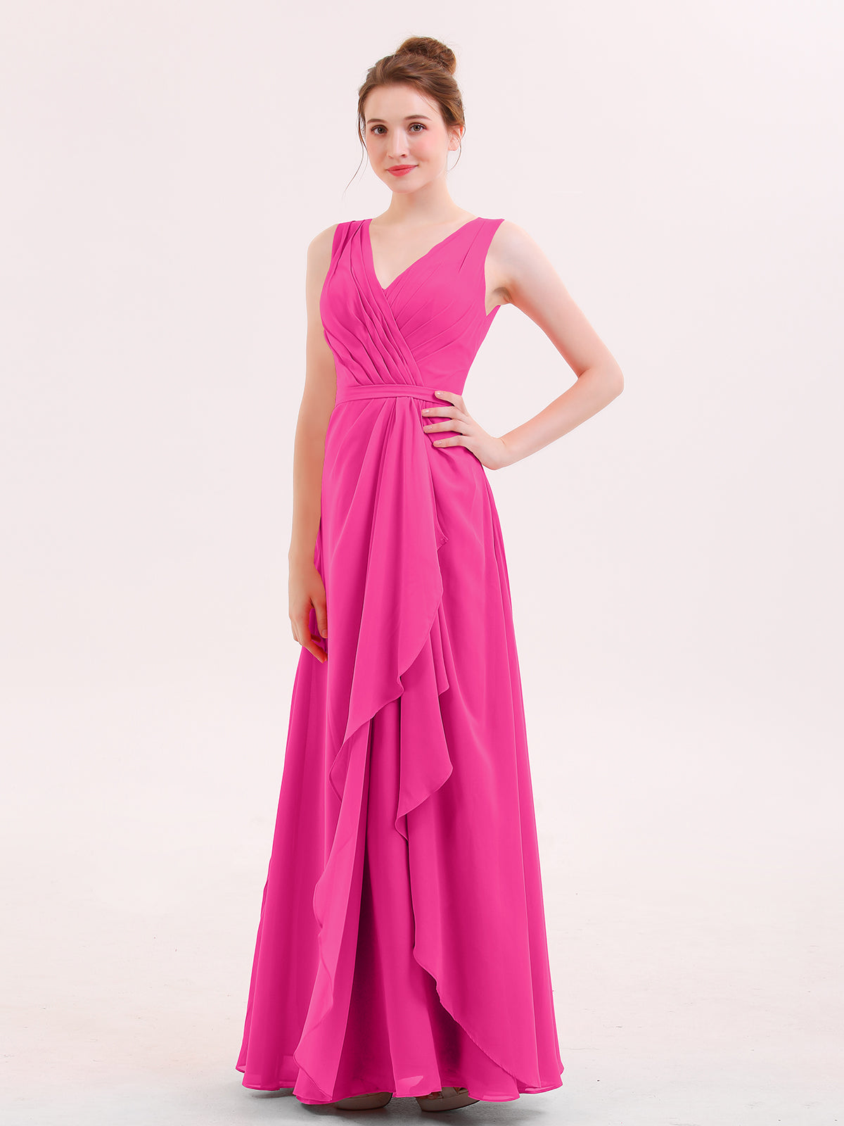BABARONI V-Neck Chiffon Bridesmaid Gown with Cascade Skirt Fuchsia, Fuchsia / US0 BABARONI V-Neck Chiffon Bridesmaid Gown with Cascade Skirt Fuchsia, Fuchsia / US0