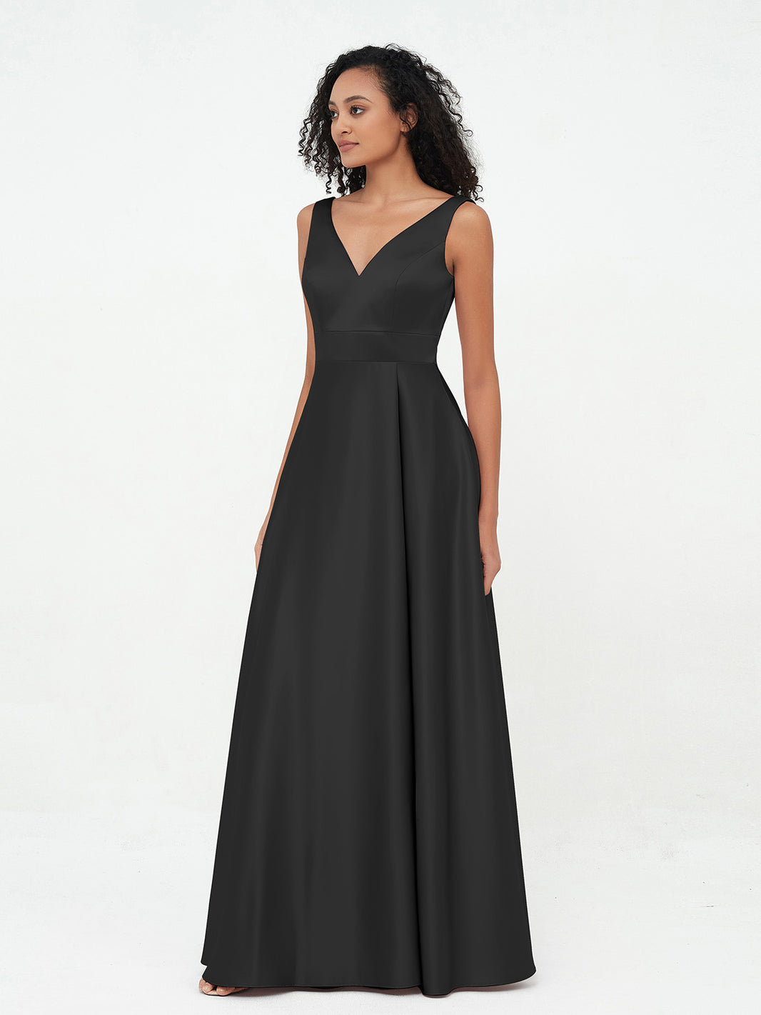 BABARONI Princess V-neck Satin Max Dresses with Pockets-Dark Navy, Dark Navy / US0