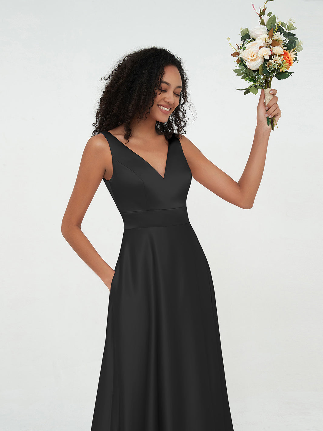 BABARONI Princess V-neck Satin Max Dresses with Pockets-Dark Navy, Dark Navy / US0