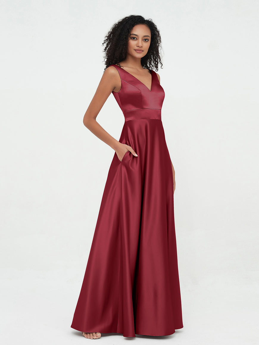Princess V-neck Satin Dresses with Pockets Steel Grey