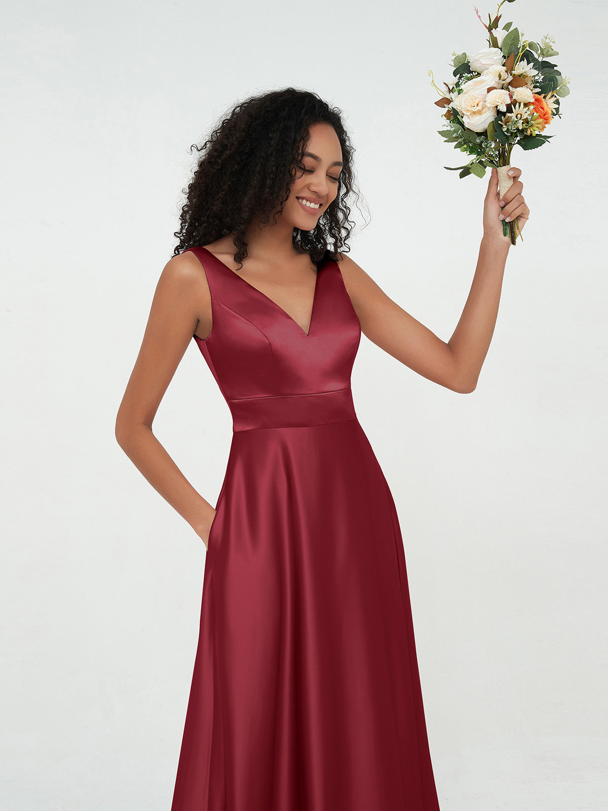 Princess V-neck Satin Dresses with Pockets Red Plus Size