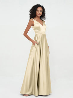 Princess V-neck Satin Dresses with Pockets Cabernet