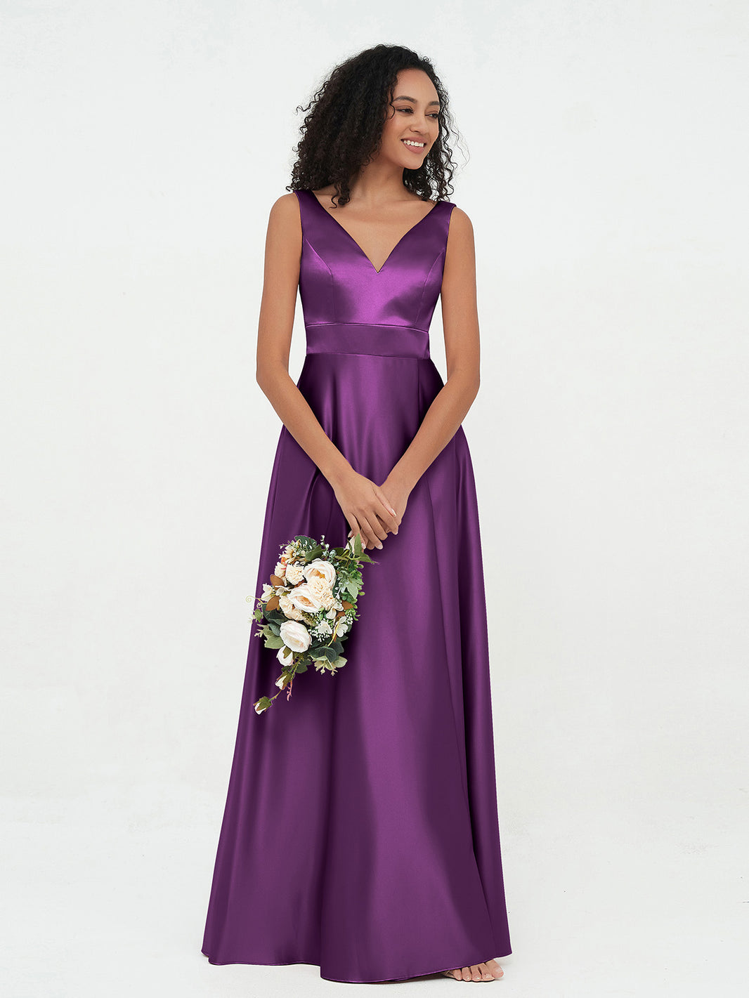 Princess V-neck Satin Dresses with Pockets Rust Plus Size