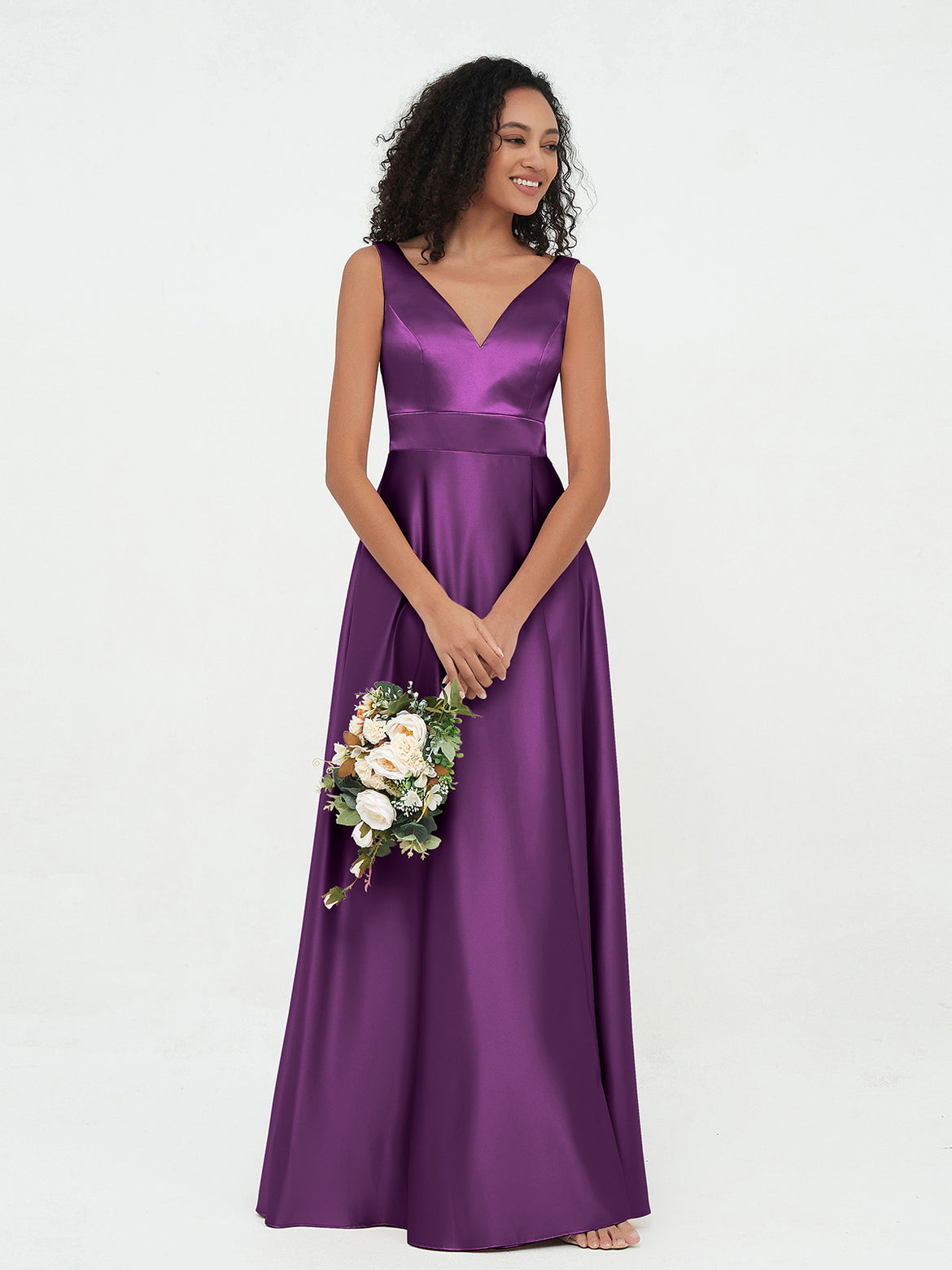 open lace back dress Simple Purple Satin A-line V-neck Long Prom Dresses, Bridesmaid Dress, MP374 main image 0