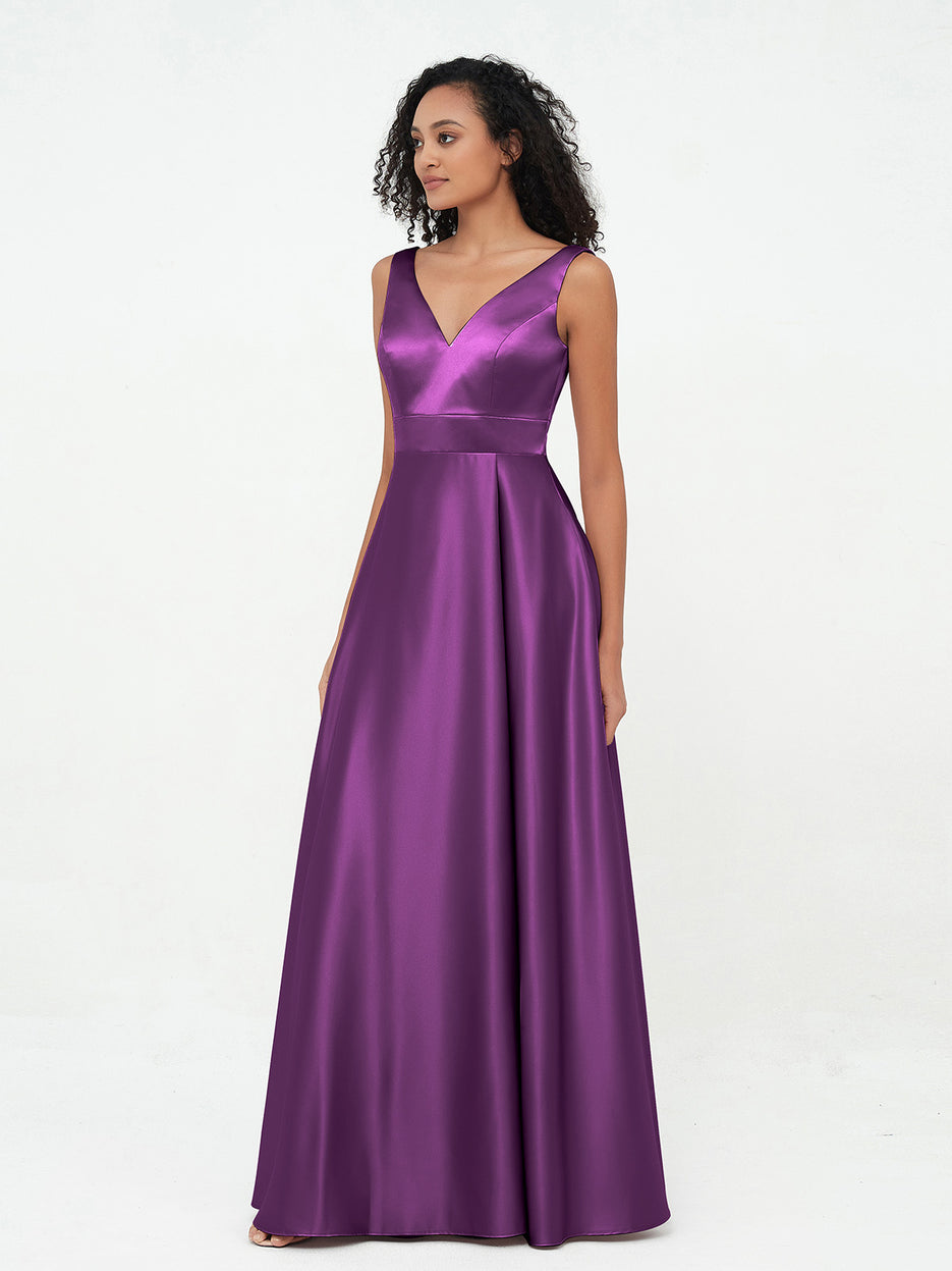 Pleated V-neck Long Sleeve Satin Dress with Pockets Sage main image 1