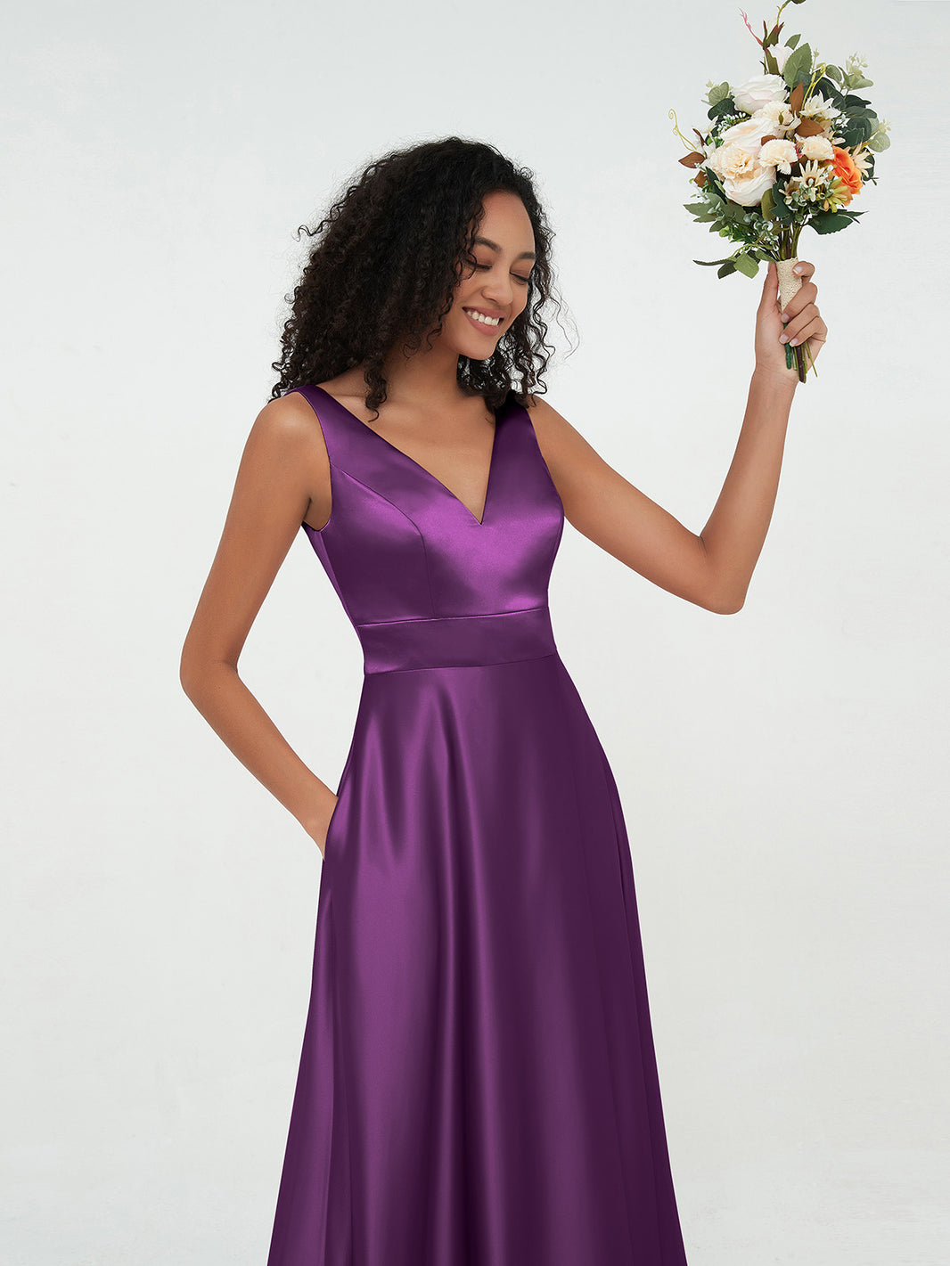 Princess V-neck Satin Dresses with Pockets Lilac Plus Size