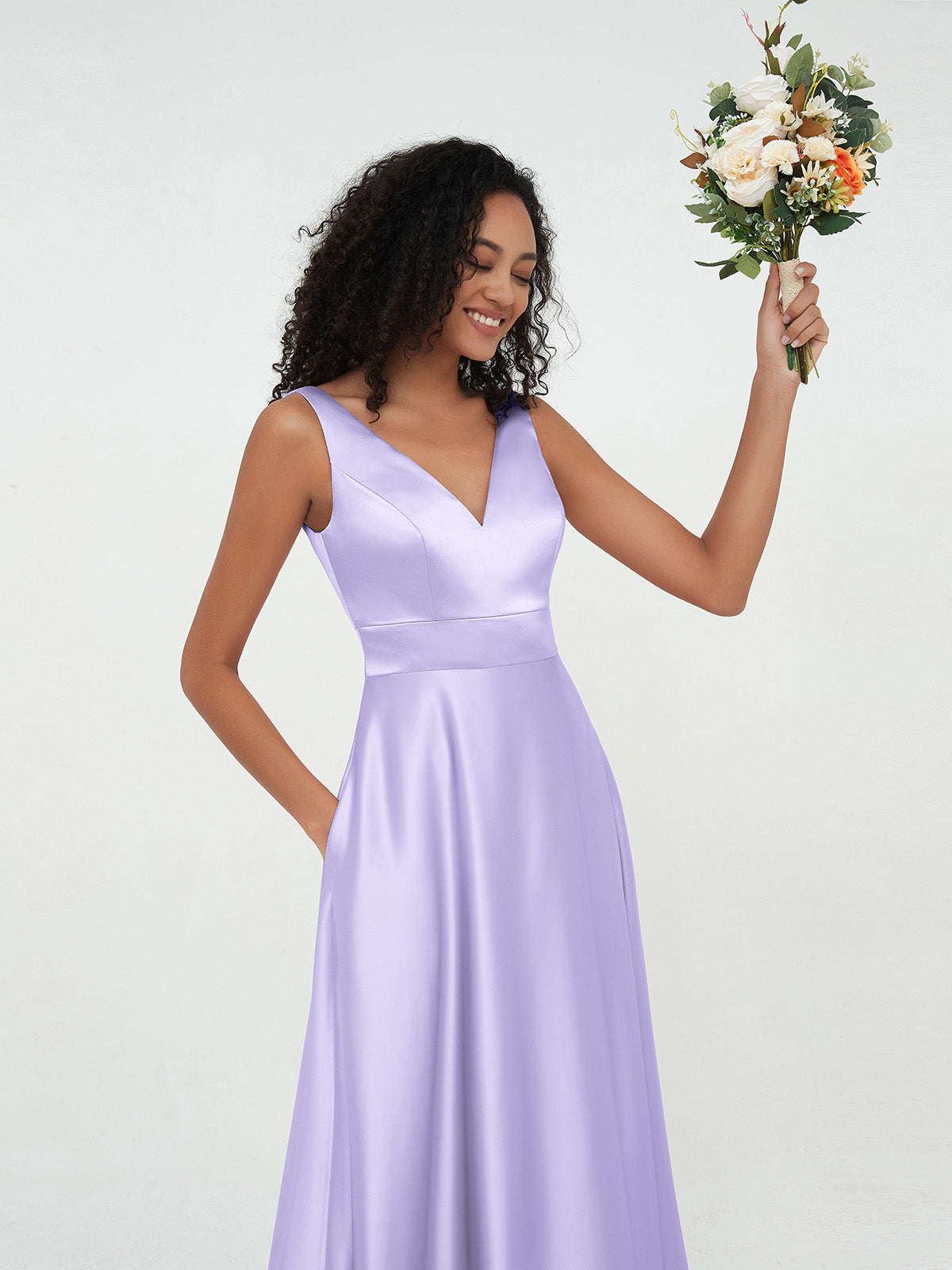 Princess V-neck Satin Dresses with Pockets Ivory main image 1