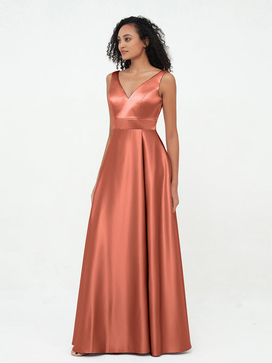 Princess V-neck Satin Dresses with Pockets Ivory