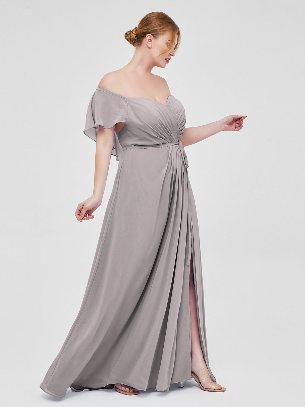 BABARONI Cap Sleeves Chiffon Bridesmaid Dresses with Slit Silver Plus Size, Silver / US18