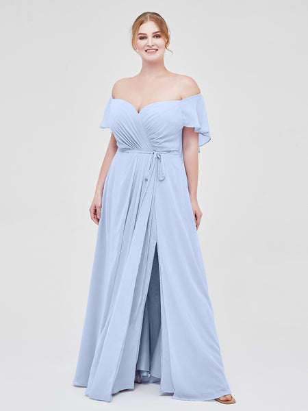 dusty blue ruched dress Wedtrend Women Bridesmaids Dusty Blue A Line Off the Shoulder Long Ruched  Chiffon Bridesmaid Dress with Slit – WEDTREND