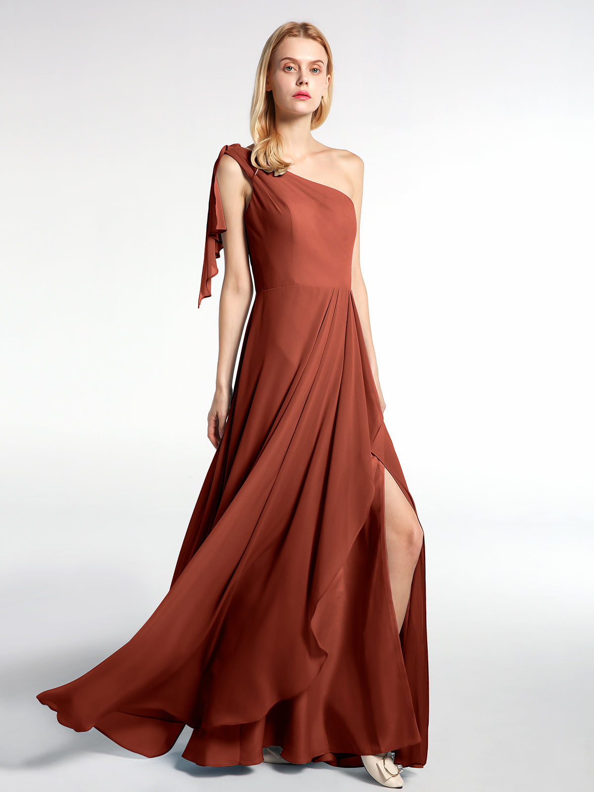 Bridesmaid Dress One Shoulder Rust Dress BABARONI One Shoulder Chiffon Maxi Dress With Cascade-Rust Plus Size, Rust US18 Bridesmaid Dress One Shoulder Rust Dress BABARONI One Shoulder Chiffon Maxi Dress With Cascade-Rust Plus Size, Rust US18
