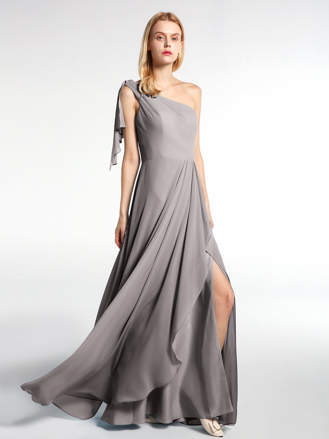 BABARONI Chiffon Silver Bridesmaid Dresses One Shoulder Floor-length  Sleeveless Pleated with Slit A-line