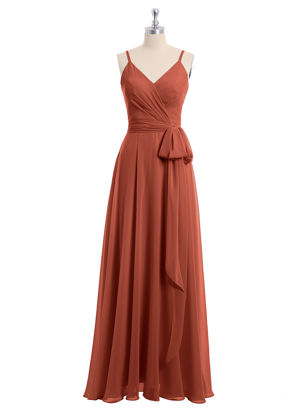 Long Spaghetti Straps Chiffon Dress with Lace Top Rust	 Plus Size