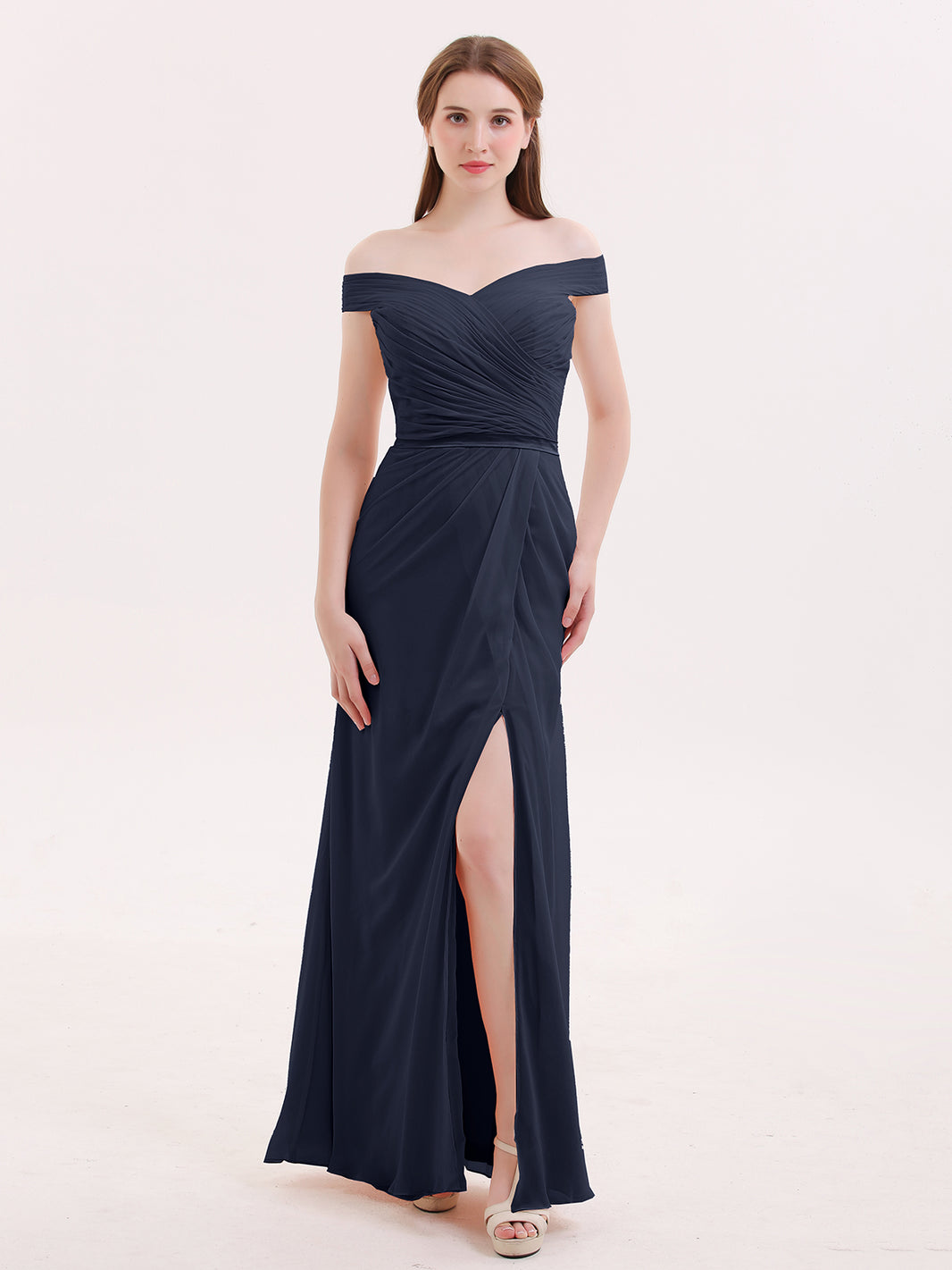 babaroni bridesmaid dresses Chiffon Dark Navy Off-the-shoulder Floor-length Sleeveless with Slit Mermaid, Dark Navy / US0 Size:5T Flirty Black Lace Dress Trumpet/Mermaid Fabric long fancy dresses